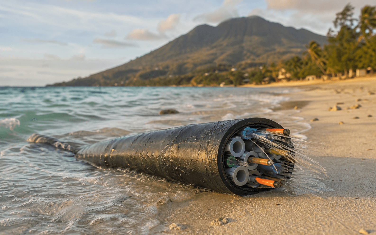 Câble sous-marin en fibre optique émergeant de l'eau turquoise d'un lagon mahorais sur une plage de sable blanc